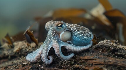 A Blue-Spotted Octopus Resting on a Log in the Ocean