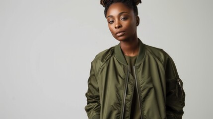 Obraz premium A woman with braided hair and a green bomber jacket