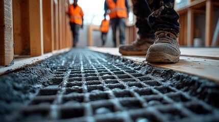 Construction workers pouring concrete onto steel grating for the foundation of a building