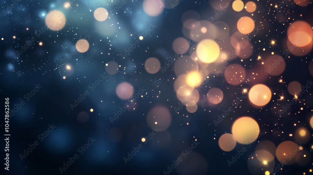Poster abstract background with golden particles floating and creating a magical bokeh effect on a dark blu