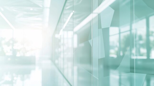 Blurred image of a modern office interior with a long corridor, glass walls with geometric patterns, and bright natural light creating a sense of spaciousness and professionalism