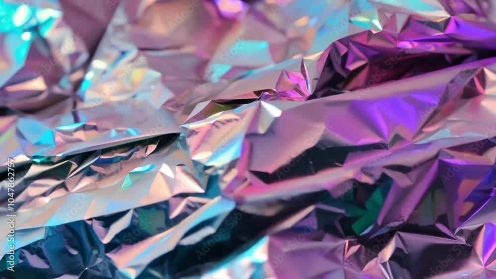 Fototapete Textured metallic foil displays an array of shiny colors and intricate folds, creating a captivating effect as soft light enhances its reflective properties.