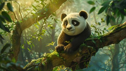 Obraz premium A Curious Panda Cub Perched on a Mossy Branch in a Sunlit Forest