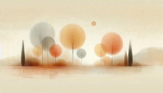 Abstrakte Herbstlandschaft mit sanften, transparenten Baumformen in warmen Orange-, Beige- und Graut&ouml;nen auf hellem Hintergrund. Ideal als beruhigender Hintergrund. Generative KI.