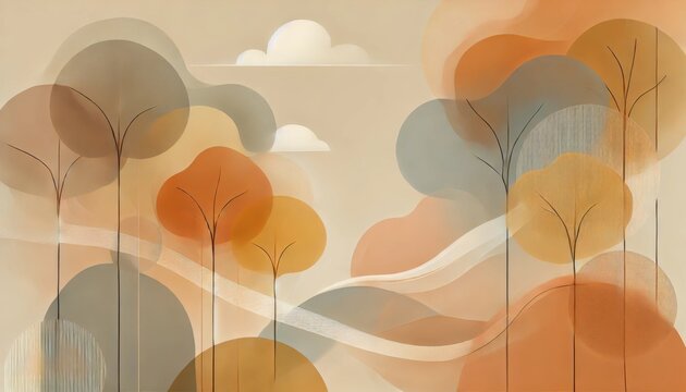 Abstrakte Herbstlandschaft mit sanften, transparenten Baumformen in warmen Orange-, Beige- und Graut&ouml;nen auf hellem Hintergrund. Ideal als beruhigender Hintergrund. Generative KI.