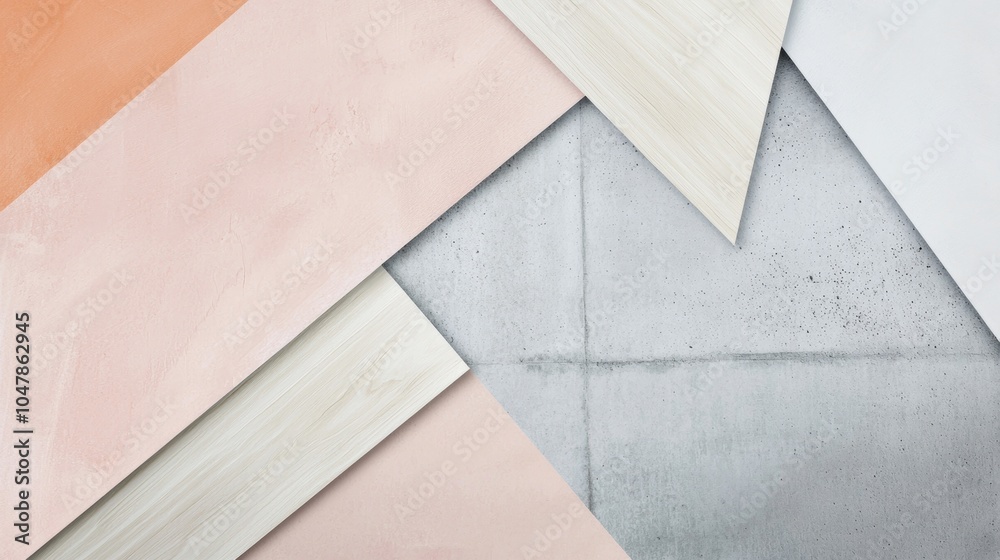 Poster Modern abstract background featuring overlapping triangular shapes of wood and plaster sheets in various pastel colors, creating a dynamic and textured composition against a concrete wall backdrop