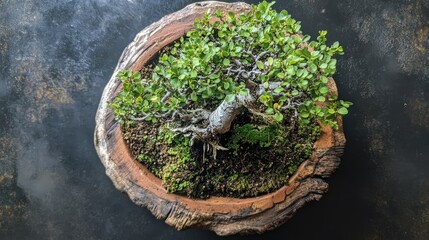 Obraz premium Bonsai Tree on Rustic Wooden Base