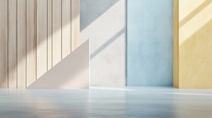 Obraz premium Sunlight is illuminating a modern interior design with colorful walls, wooden panels, and a geometric shape, creating a vibrant and stylish atmosphere