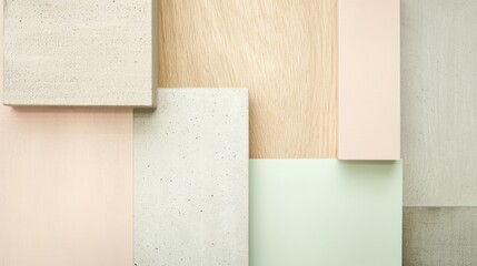 Fototapeta premium Geometric arrangement of concrete blocks, wood veneer, and pastel-colored surfaces creates a minimalist and modern abstract composition