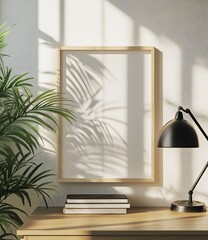 Fototapeta premium Peaceful Wooden Frame with Plant and Lamp on Simple Modern Desk