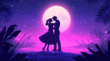 Silhouette of a Couple Embracing Underneath a Full Moon and Stars