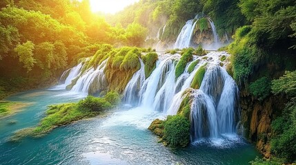 Obraz premium Serene Waterfall with Lush Greenery and Sunlight