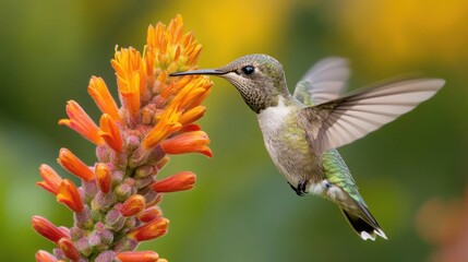 Fototapeta premium Hummingbird in Flight Sipping Nectar from Flower