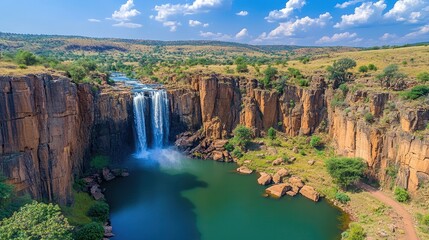 Majestic Waterfall Surrounded by Lush Landscape