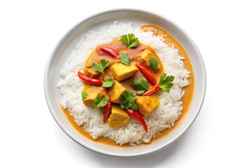 Symmetrical Panang curry over rice isolated on white background