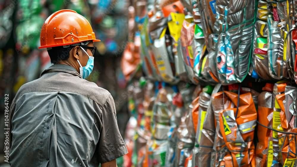 Poster a worker wearing an orange hard hat and mask examines large stacks of compressed recyclable material