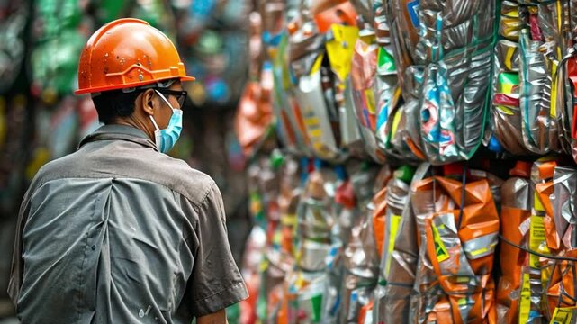 A worker wearing an orange hard hat and mask examines large stacks of compressed recyclable materials in a waste processing facility.