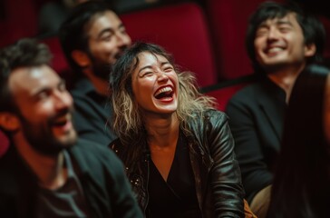A group of people laughing and enjoying the movie in a cinema, surrounded by other audience members.