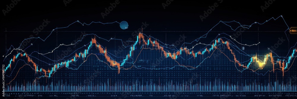 Canvas Prints Abstract stock market chart with blue and orange lines representing data and a digital glow.