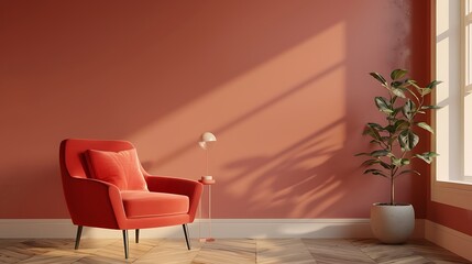 Stylish living room interior with red armchair and hidden lighting wall background