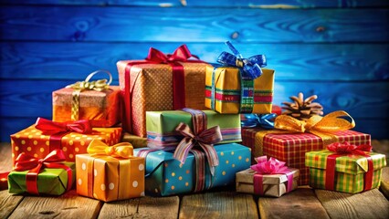 A colorful arrangement of wrapped gifts with bows on a rustic wooden surface against a blue wooden backdrop.