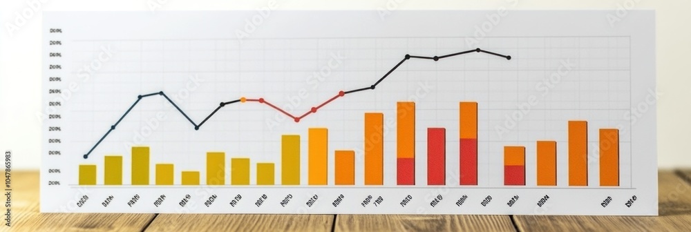 Wall mural A bar and line graph printed on white paper, sitting on a wooden table. The graph shows the trend of a company or investment portfolio.