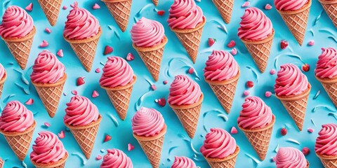 A Seamless Pattern of Pink Swirled Ice Cream Cones on a Vibrant Blue Background with Whimsical Sprinkles