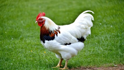 Fototapeta premium Charming Swedish Flower Hen, a rare breed known for its vibrant feather colors and gentle temperament. Perfect for backyard flocks and poultry enthusiasts.