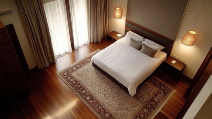 Sleek and Modern Contemporary Bedroom with Stylish Bed and Large Area Rug on Polished Wooden Floors