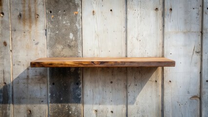 A rustic wooden shelf mounted to a weathered concrete wall, creating a minimalist display surface for showcasing items.