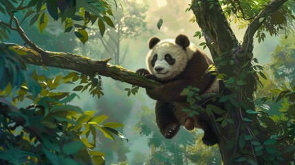Obraz premium A Curious Panda Perched on a Tree Branch in a Lush Forest