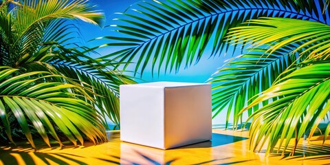 Tropical Minimalism A White Cube Adorned with Lush Palm Fronds Against a Vivid Blue Sky