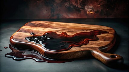 Obraz premium A wooden cutting board with a dark liquid spilled on it, creating abstract patterns and reflecting the surrounding environment