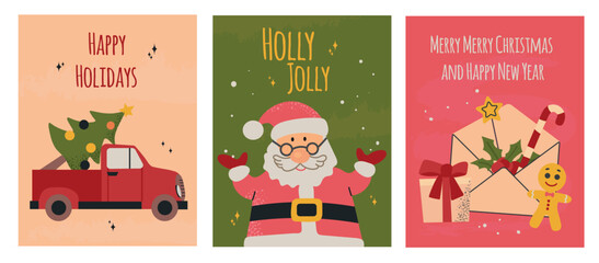 Fototapeta premium Merry Christmas and Happy New Year greeting cards collection set with Santa Claus, old pickup, xmas tree, gift, ginger man