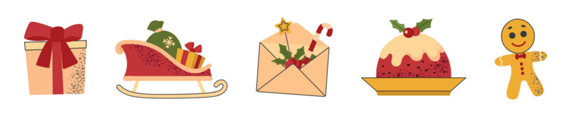 Set collection of Christmas New Year elements icons cliparts gift Santa sleigh gingerbread man envelope pudding
