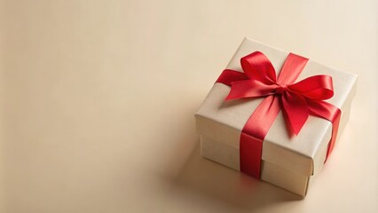 Fototapeta premium A simple brown gift box with a large red satin bow, perfect for a special occasion