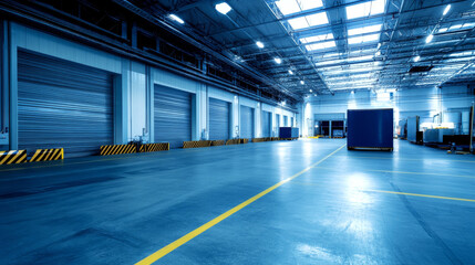 A large, open warehouse interior with high ceilings and industrial lighting. Concept of spacious storage or distribution center. For commercial use in logistics