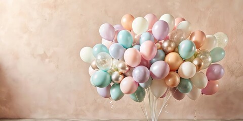 Obraz premium A cluster of pastel-colored balloons against a textured beige wall, creating a celebratory backdrop for a special occasion.