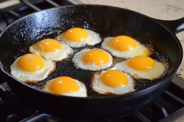 Sunny side up fried eggs cooking in cast iron skillet on stovetop