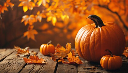 Mehrere Kürbisse in verschiedenen Größen liegen auf einem Holztisch, umgeben von Herbstblättern, vor einem leuchtend orangefarbenen Baum. Stimmungsvolle Herbstszene. Generative KI.