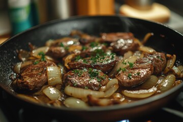 Pan fried liver and onions, served hot with a side of sautéed garlic and butter