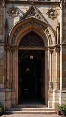 Fototapeta premium Close-up of a beautifully carved stone entrance of a Catholic church, illuminated by soft natural light with stained glass windows