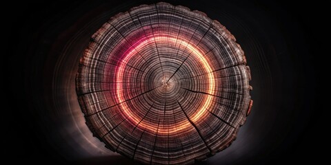 Naklejka premium A Cross-Section of a Tree Trunk with an Orange and Pink Glow in the Center