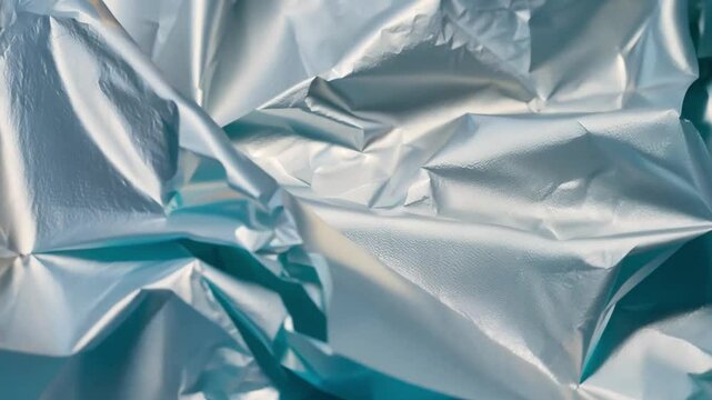 The shiny surface of crumpled silver foil reflects light, creating abstract shapes and textures that evoke an artistic feel in the room.