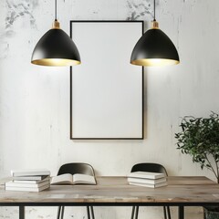 「2つの黒と金のドーム型ペンダントライトがスタイリッシュでモダンなワークスペースを照らす。木製のテーブルとミニマルなインテリアに温かみのある光を投げかける」
