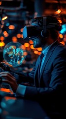 Naklejka premium A businessman wearing VR headset looks at a virtual globe on his computer screen.
