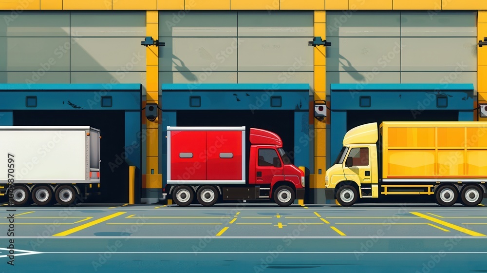Poster several trucks and vans are parked at a warehouse, ready for loading goods to prepare for shipping a