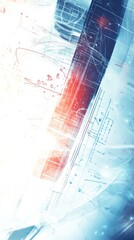 Abstract background with lines, shapes, and patterns in red, blue, and white colors.