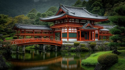 Fototapeta premium Picturesque traditional Japanese temple pagoda surrounded by a tranquil pond and lush green gardens reflecting in the calm water