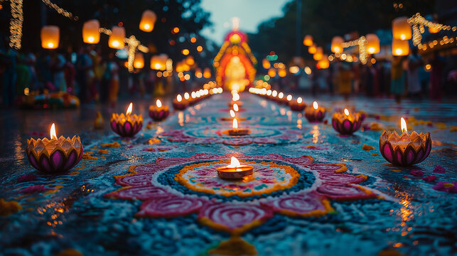 Enchanted Lantern Festival: A mesmerizing path of colorful candles and vibrant mandala art illuminated by floating lanterns at night.  The enchanting scene evokes a sense of peace and wonder.